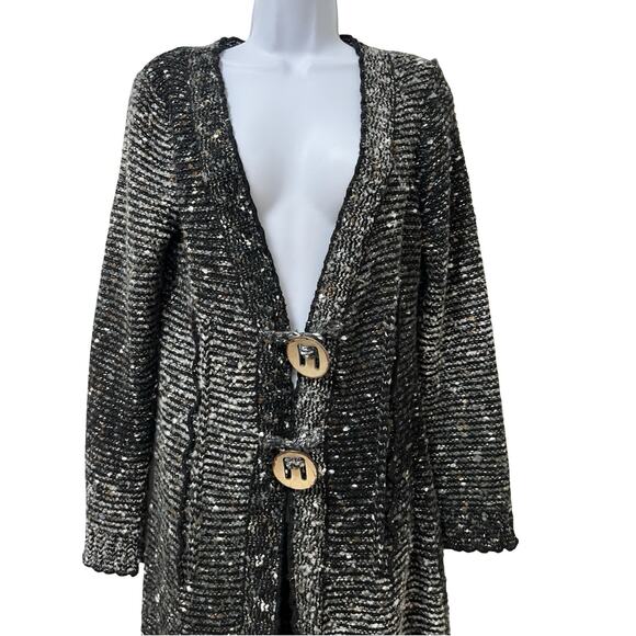 BCBGMaxAzria Womens Boucle Alpaca Mohair Blend Duster Cardigan Size L Black Y2K - Picture 2 of 8